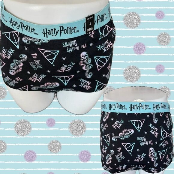 Harry Potter + 4 Deathly Hallows-Dark Mark Print Logo Waistband Boyshort Panties - Picture 1 of 6